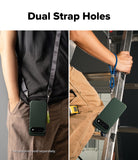 Google Pixel 11 Pro XL Case | Onyx - A split-panel product demonstration showing a dark green phone case with dual strap holes. The left panel shows the case hanging from a black strap worn by a person, and the right panel shows the case hanging from a blue strap while a person holds a ladder.