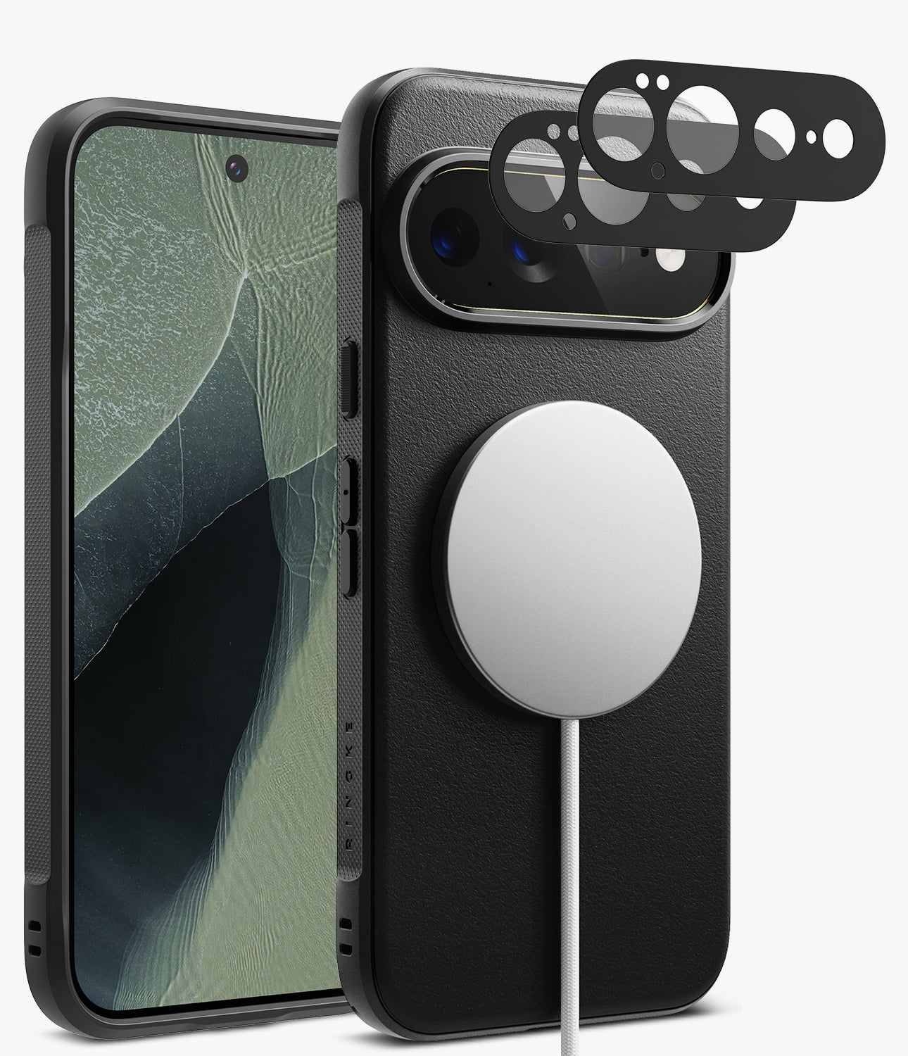 [Bundle] Google Pixel 11 Pro XL | Onyx Magnetic (BK) + Camera Protectors - Black textured phone case with a built-in MagSafe ring, shown alongside a smartphone and three black camera lens protectors on a light gray background.