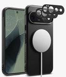 [Bundle] Google Pixel 11 Pro XL | Onyx Magnetic (BK) + Camera Protectors - Black textured phone case with a built-in MagSafe ring, shown alongside a smartphone and three black camera lens protectors on a light gray background.