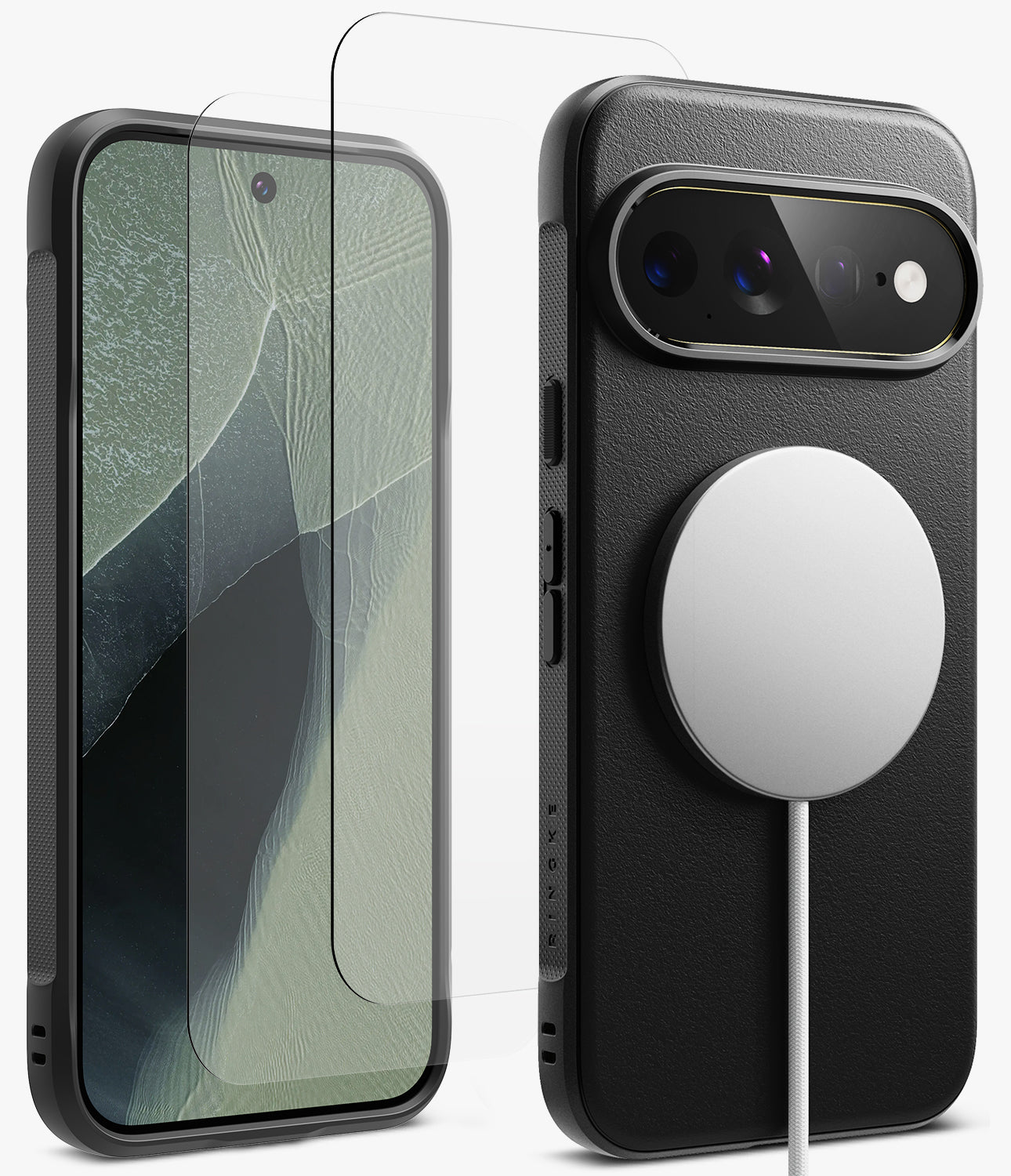 [Bundle] Google Pixel 11 Pro XL | Onyx Magnetic (BK) + Screen Protectors - A clear tempered glass screen protector shown in front of a smartphone, alongside a black textured phone case with a MagSafe-compatible circular magnetic ring and camera cutout.
