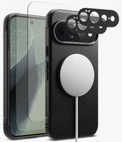 [Bundle] Google Pixel 11 Pro XL | Onyx Magnetic (BK) + Screen & Camera Protectors - Black textured phone case with a built-in MagSafe ring, shown alongside a matching phone and two black camera lens protectors on a light gray background.