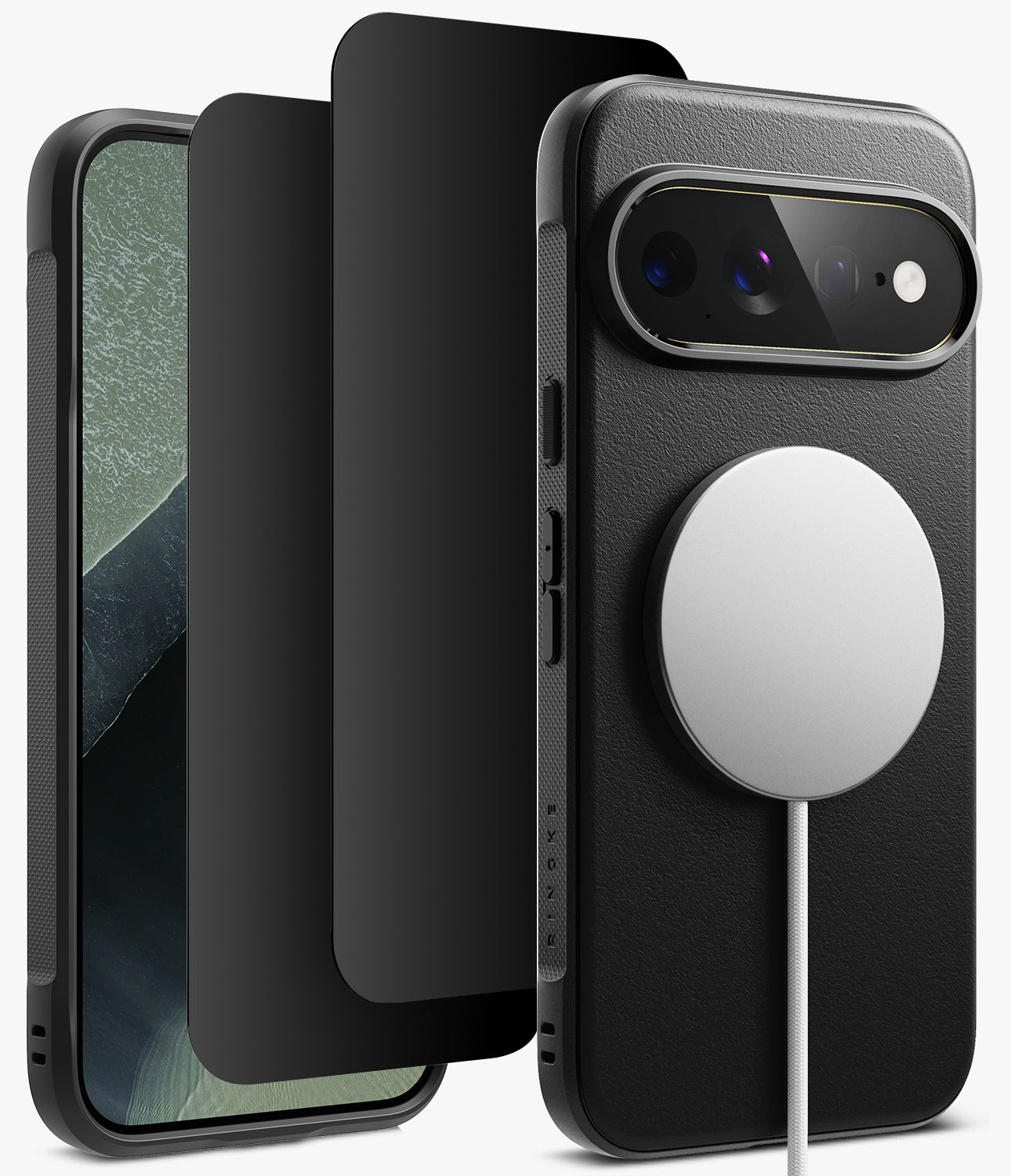 [Bundle] Google Pixel 11 Pro XL | Onyx Magnetic (BK) + Privacy Protectors - Black protective phone case set shown on a smartphone, including a textured black back cover with a large circular MagSafe-style magnetic ring, a slim black screen protector, and a black front camera/edge protector, displayed on a clean white background.