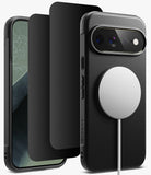 [Bundle] Google Pixel 11 Pro XL | Onyx Magnetic (BK) + Privacy Protectors - Black protective phone case set shown on a smartphone, including a textured black back cover with a large circular MagSafe-style magnetic ring, a slim black screen protector, and a black front camera/edge protector, displayed on a clean white background.
