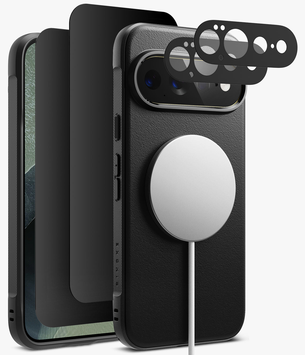 [Bundle] Google Pixel 11 Pro XL | Onyx Magnetic (BK) + Privacy & Camera Protectors - Black textured phone case with a MagSafe-compatible circular magnetic ring, shown on a smartphone with three black camera lens protectors floating above the camera cutout, on a light gray background.