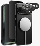 [Bundle] Google Pixel 11 Pro XL | Onyx Magnetic (BK) + Privacy & Camera Protectors - Black textured phone case with a MagSafe-compatible circular magnetic ring, shown on a smartphone with three black camera lens protectors floating above the camera cutout, on a light gray background.
