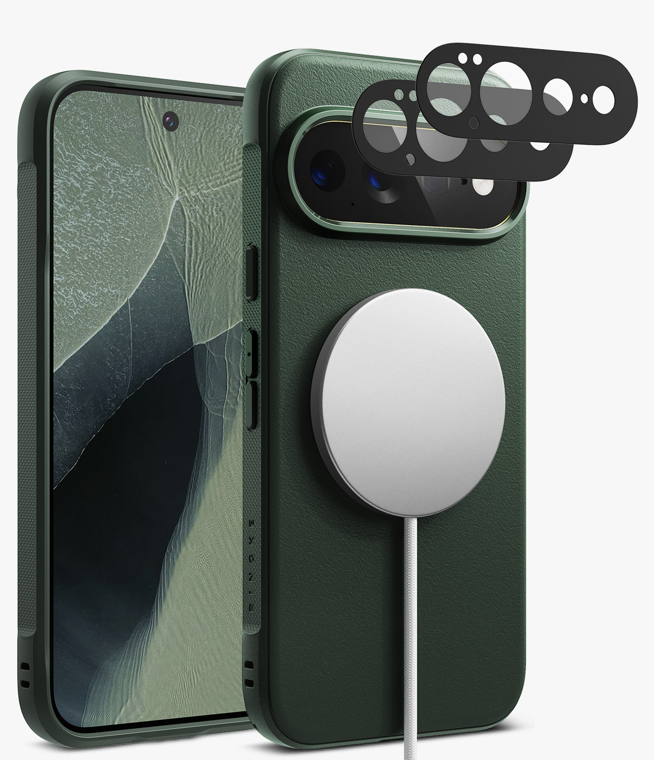 [Bundle] Google Pixel 11 Pro XL | Onyx Magnetic (GRN) + Camera Protectors - Dark green textured phone case shown from the back and side, with a large MagSafe-compatible circular magnetic ring attached and three black camera lens protectors floating above the camera cutout on a light gray background.