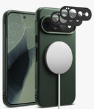[Bundle] Google Pixel 11 Pro XL | Onyx Magnetic (GRN) + Camera Protectors - Dark green textured phone case shown from the back and side, with a large MagSafe-compatible circular magnetic ring attached and three black camera lens protectors floating above the camera cutout on a light gray background.