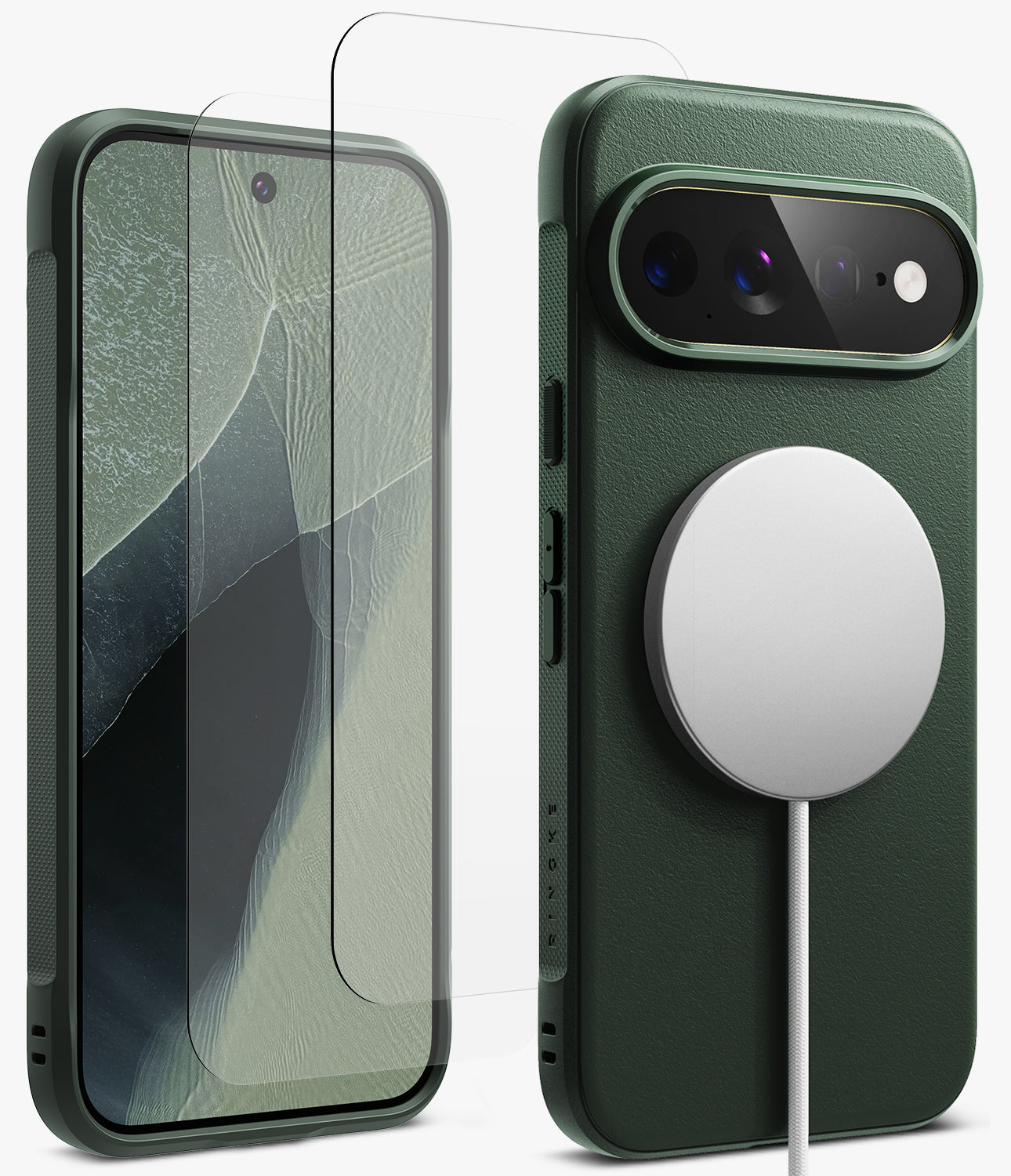 [Bundle] Google Pixel 11 Pro XL | Onyx Magnetic (GRN) + Screen Protectors - A dark green textured phone case shown from the back with a large MagSafe-compatible circular magnetic ring, alongside a matching clear screen protector and a phone insert view, on a clean white background.