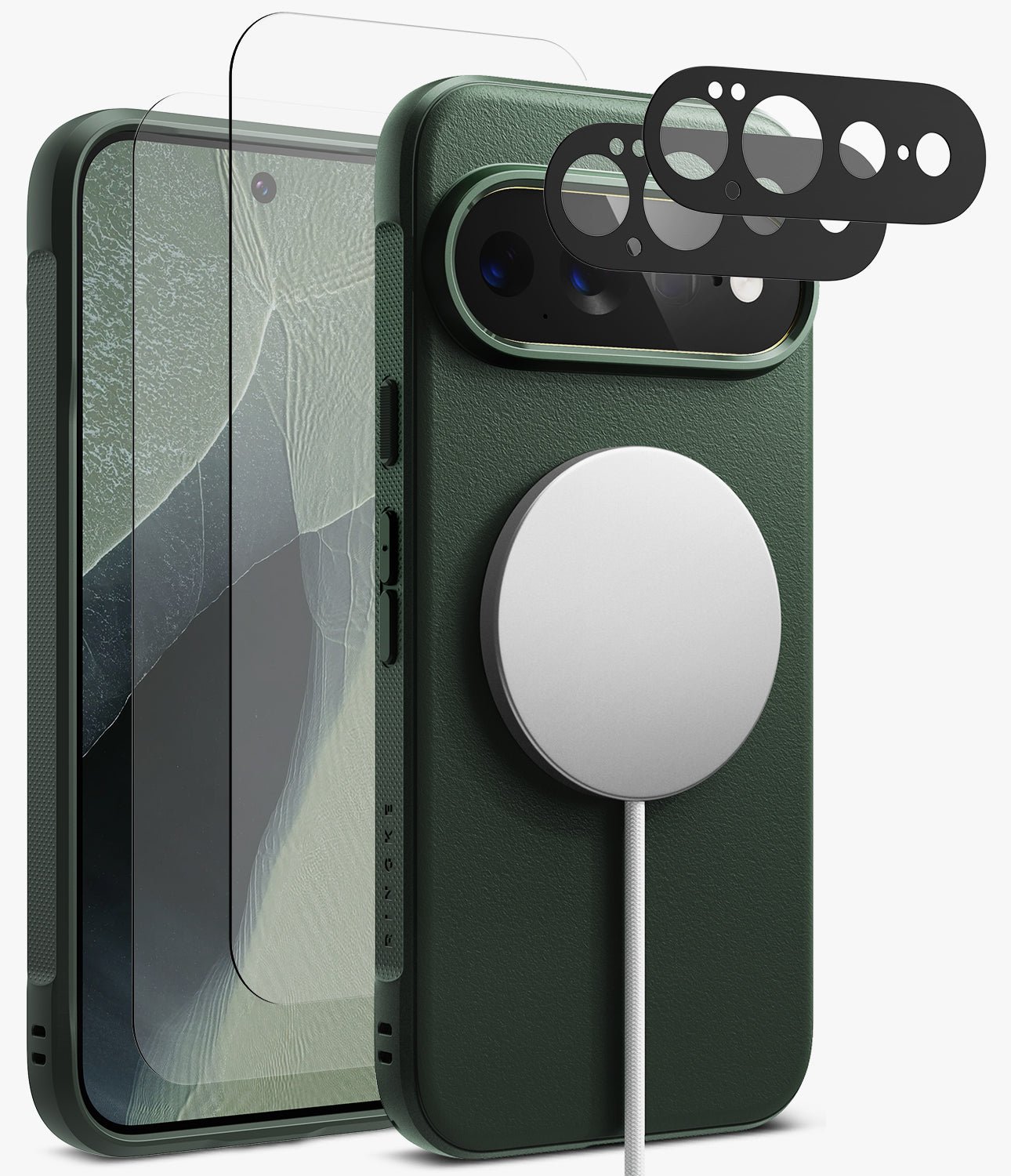[Bundle] Google Pixel 11 Pro XL | Onyx Magnetic (GRN) + Screen & Camera Protectors - Dark green textured phone case with a MagSafe-compatible circular magnetic ring, shown alongside a phone screen protector and black camera lens protectors on a light gray background.