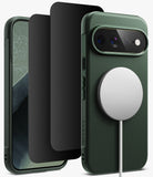 [Bundle] Google Pixel 11 Pro XL | Onyx Magnetic (GRN) + Privacy Protectors - A dark green textured phone case shown with a smartphone inside, alongside two black screen protectors and a white MagSafe-style magnetic ring accessory attached to the back.