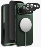 [Bundle] Google Pixel 11 Pro XL | Onyx Magnetic (GRN) + Privacy & Camera Protectors - Dark green textured phone case with a MagSafe-compatible circular magnetic ring, shown with black camera lens protectors and a phone insert on a light gray background.