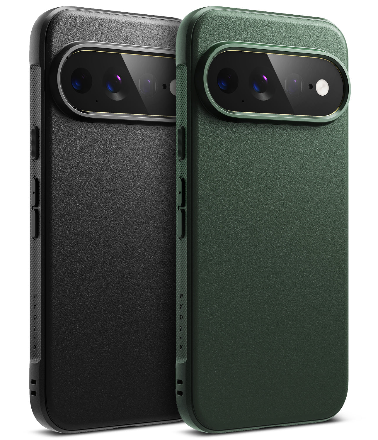 Pixel 11 Pro XL Case | Onyx - Two textured phone cases shown from the back, one in matte black and one in dark forest green, both with raised camera bezels, on a clean white background.