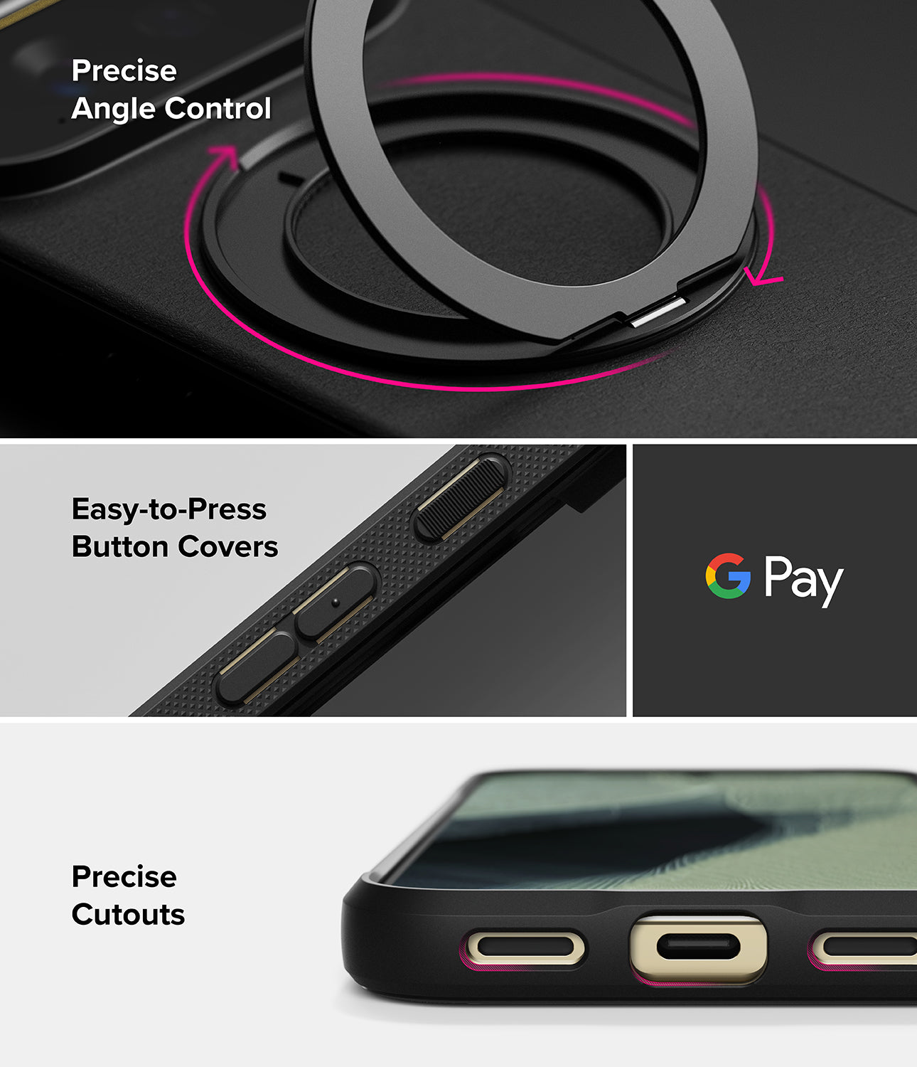 Google Pixel 11 Pro XL Case | Onyx Ring - Black phone case with a built-in magnetic ring, shown in three detail panels highlighting precise angle control, easy-to-press button covers, and precise cutouts for USB-C and charging ports. The Google Pay logo is visible in one panel.