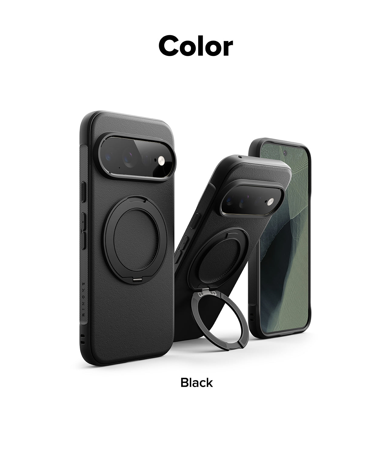 Google Pixel 11 Pro XL Case | Onyx Ring - Three views of a black protective phone case with a circular MagSafe ring and built-in kickstand, shown on a white background with the text 'Color' at the top and 'Black' at the bottom.