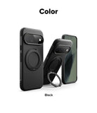 Google Pixel 11 Pro XL Case | Onyx Ring - Three views of a black protective phone case with a circular MagSafe ring and built-in kickstand, shown on a white background with the text 'Color' at the top and 'Black' at the bottom.