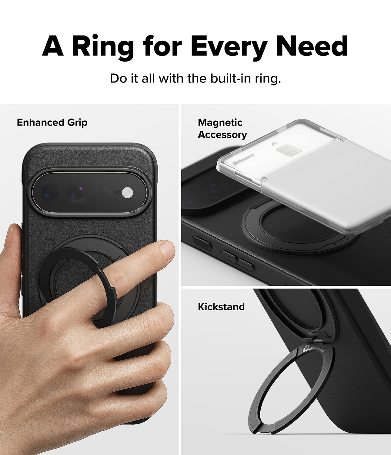 Google Pixel 11 Pro XL Case | Onyx Ring - A collage showing a black phone case with a built-in ring accessory. Text at the top reads 'A Ring for Every Need' and 'Do it all with the built-in ring.