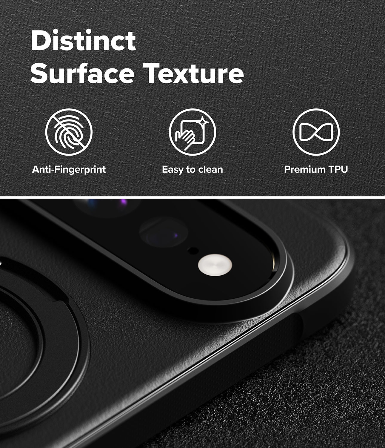 Google Pixel 11 Pro XL Case | Onyx Ring - Close-up of a black phone case with a raised camera cutout and a circular MagSafe ring, shown on a dark textured background with marketing text reading 'Distinct Surface Texture,' 'Anti-Fingerprint,' 'Easy to clean,' and 'Premium TPU.'.