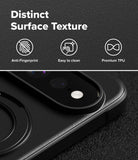 Google Pixel 11 Pro XL Case | Onyx Ring - Close-up of a black phone case with a raised camera cutout and a circular MagSafe ring, shown on a dark textured background with marketing text reading 'Distinct Surface Texture,' 'Anti-Fingerprint,' 'Easy to clean,' and 'Premium TPU.'.