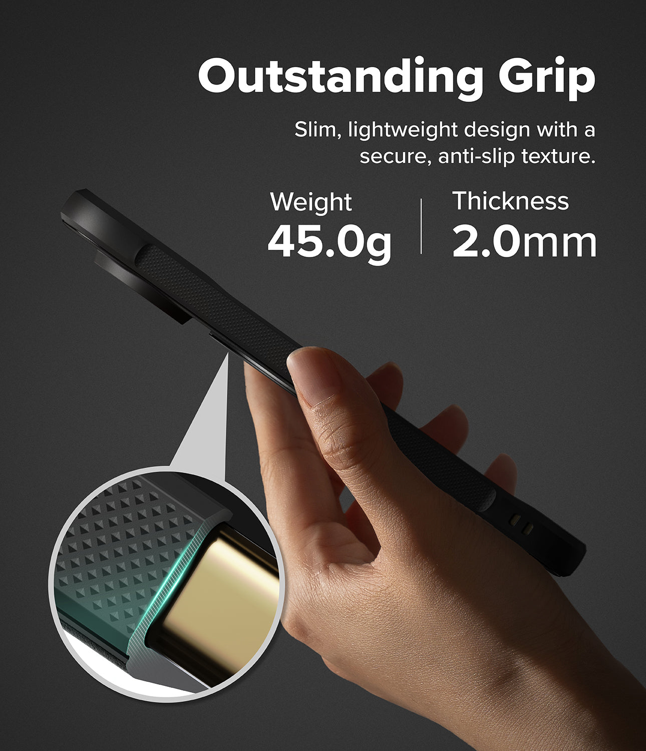 Google Pixel 11 Pro XL Case | Onyx Ring - A hand holding a slim black smartphone case against a dark gray background, with marketing text reading 'Outstanding Grip' and feature callouts including weight 41.8g and thickness 2.