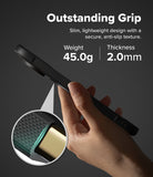 Google Pixel 11 Pro XL Case | Onyx Ring - A hand holding a slim black smartphone case against a dark gray background, with marketing text reading 'Outstanding Grip' and feature callouts including weight 41.8g and thickness 2.