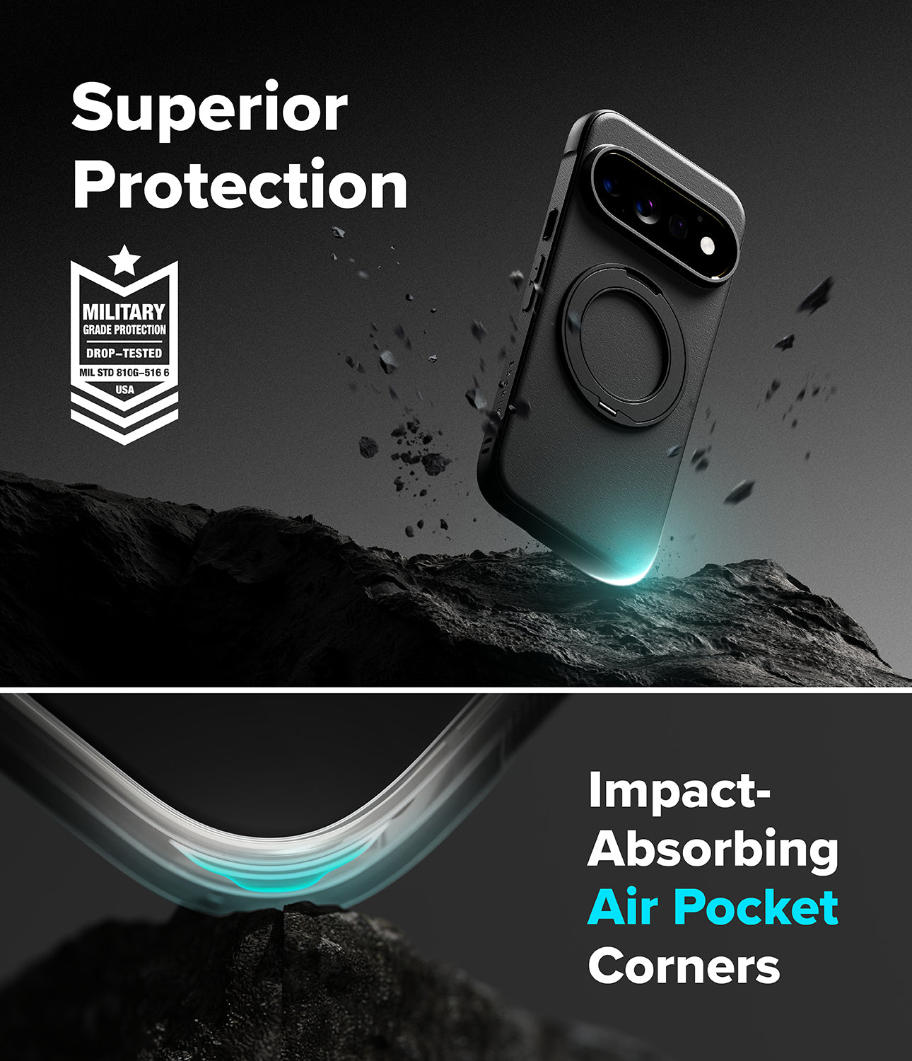 Google Pixel 11 Pro XL Case | Onyx Ring - A dark gray phone case with a circular magnetic ring and camera cutout, shown floating above a rocky surface with debris. Text reads 'Superior Protection' and 'Impact-Absorbing Air Pocket Corners,' with a military drop-test badge on the left.