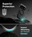 Google Pixel 11 Pro XL Case | Onyx Ring - A dark gray phone case with a circular magnetic ring and camera cutout, shown floating above a rocky surface with debris. Text reads 'Superior Protection' and 'Impact-Absorbing Air Pocket Corners,' with a military drop-test badge on the left.