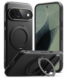 Google Pixel 11 Pro XL Case | Onyx Ring - Three views of a black rugged smartphone case with a built-in circular MagSafe ring and kickstand, shown on a plain white background.