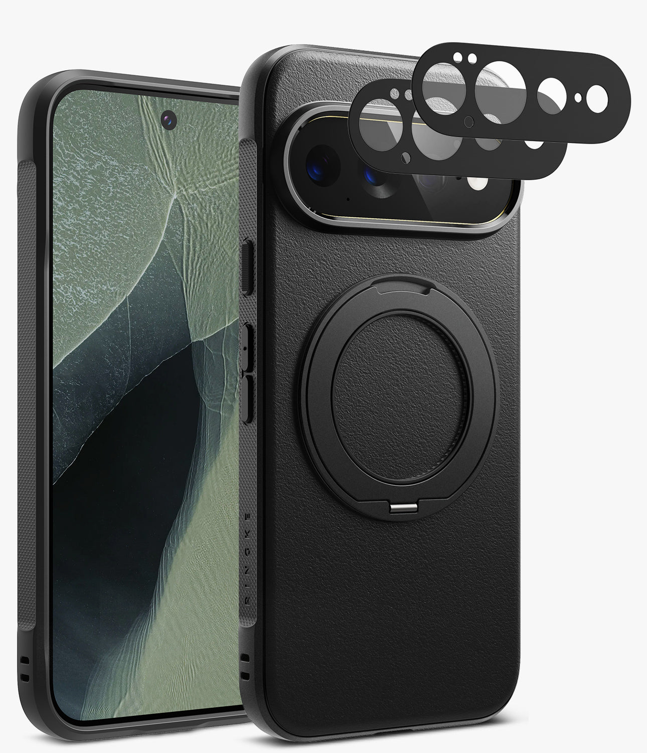 [Bundle] Google Pixel 11 Pro XL | Onyx Ring + Camera Protectors - Black textured phone case with a built-in circular magnetic ring, shown from the back with a phone inserted. Two black camera lens protector pieces are floating above the camera cutout.