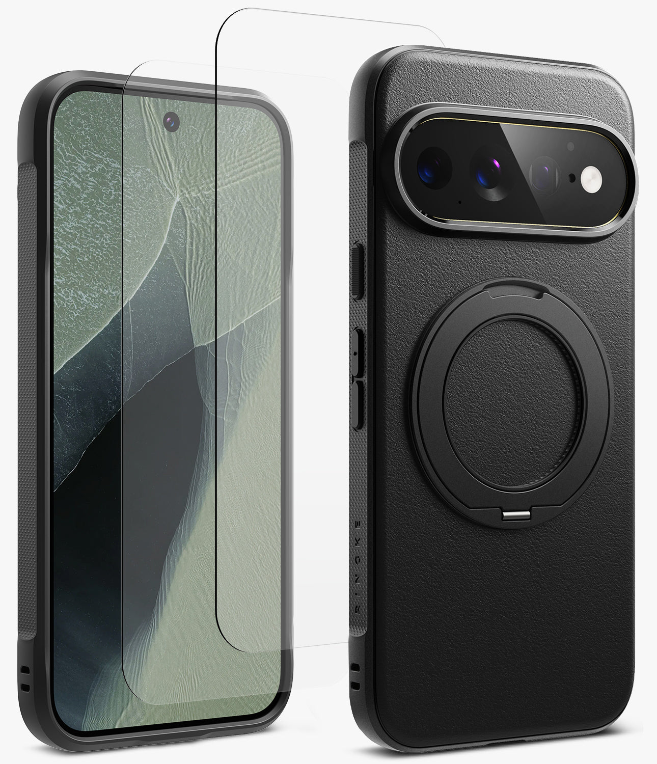 [Bundle] Google Pixel 11 Pro XL | Onyx Ring + Screen Protectors - A black textured phone case with a built-in circular MagSafe ring, shown alongside a matching clear screen protector over a smartphone.
