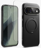[Bundle] Google Pixel 11 Pro XL | Onyx Ring + Screen Protectors - A black textured phone case with a built-in circular MagSafe ring, shown alongside a matching clear screen protector over a smartphone.