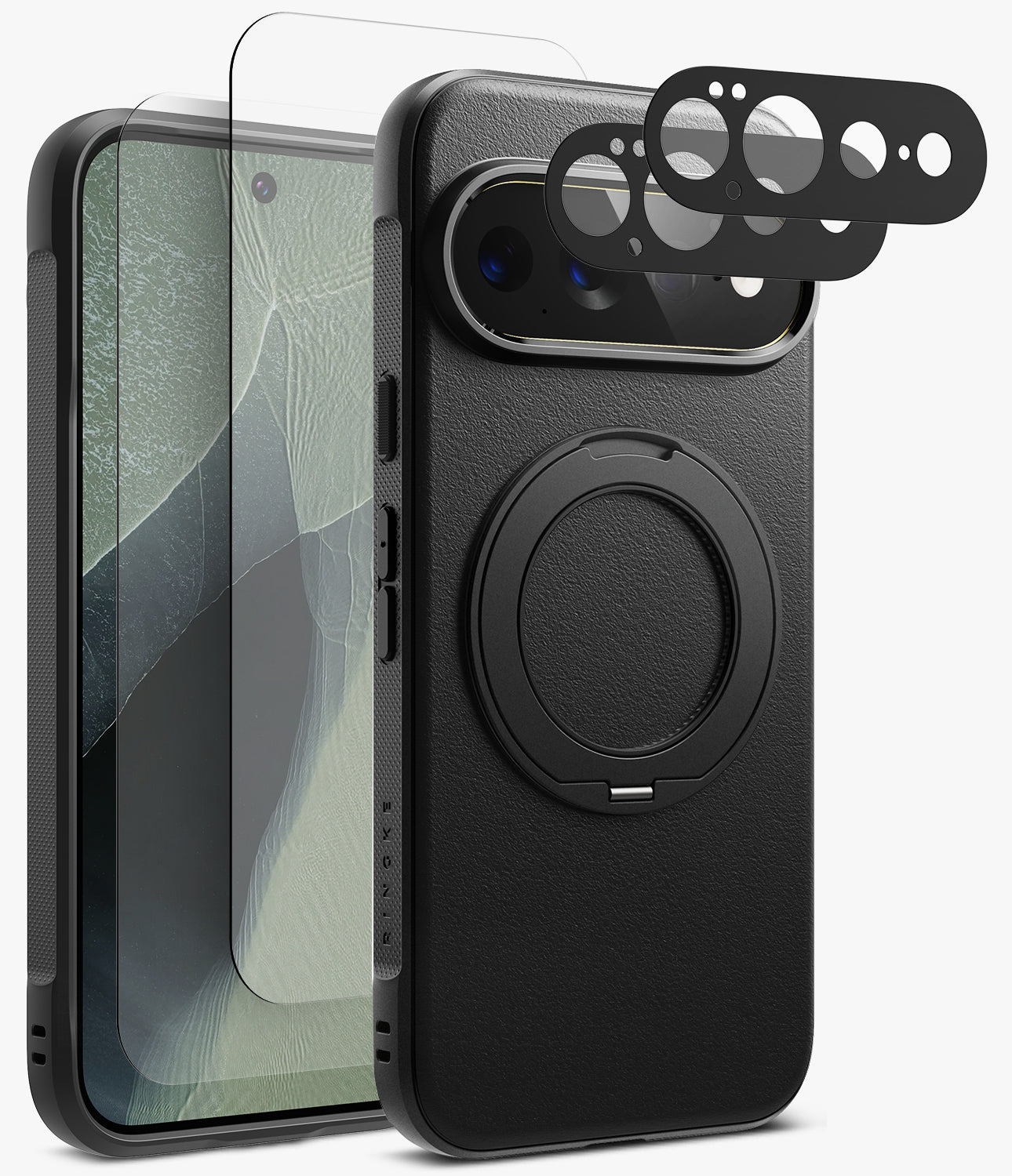 [Bundle] Google Pixel 11 Pro XL | Onyx Ring + Screen & Camera Protectors - Black textured phone case with a built-in circular magnetic ring, shown with a phone inserted and accessory film pieces floating above the camera area on a clean white background.