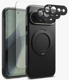 [Bundle] Google Pixel 11 Pro XL | Onyx Ring + Screen & Camera Protectors - Black textured phone case with a built-in circular magnetic ring, shown with a phone inserted and accessory film pieces floating above the camera area on a clean white background.