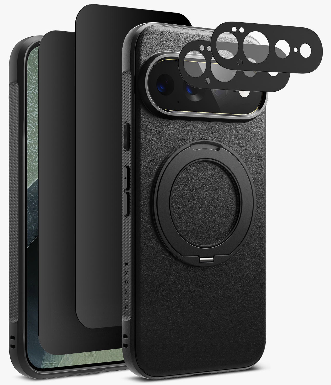 [Bundle] Google Pixel 11 Pro XL | Onyx Ring + Privacy & Camera Protectors - Black textured phone case with a built-in circular magnetic ring on the back, shown alongside a matching black screen protector and three camera lens protectors, all on a light gray background.
