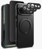 [Bundle] Google Pixel 11 Pro XL | Onyx Ring + Privacy & Camera Protectors - Black textured phone case with a built-in circular magnetic ring on the back, shown alongside a matching black screen protector and three camera lens protectors, all on a light gray background.