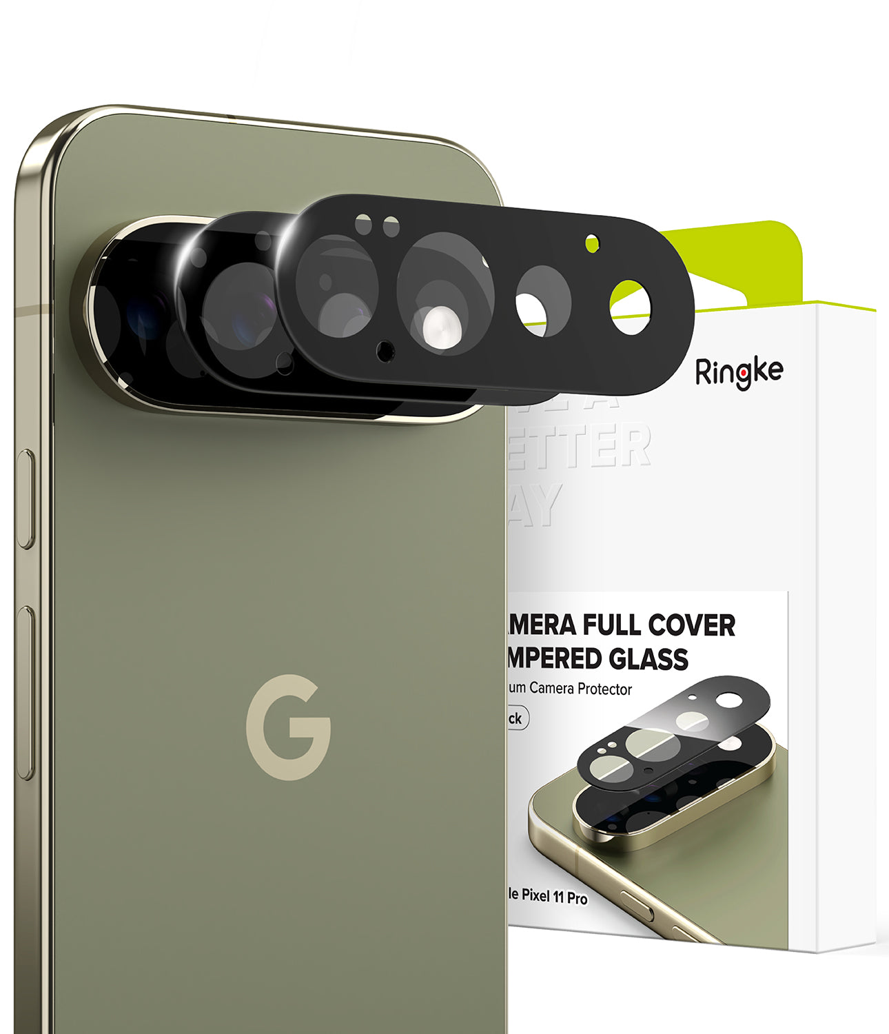 Google Pixel 11 Pro Camera Protector | Camera Full Cover Tempered Glass (2 Pack) - Ringke camera full cover tempered glass protector set shown installed on a smartphone, with the product packaging box visible behind it on a white background.
