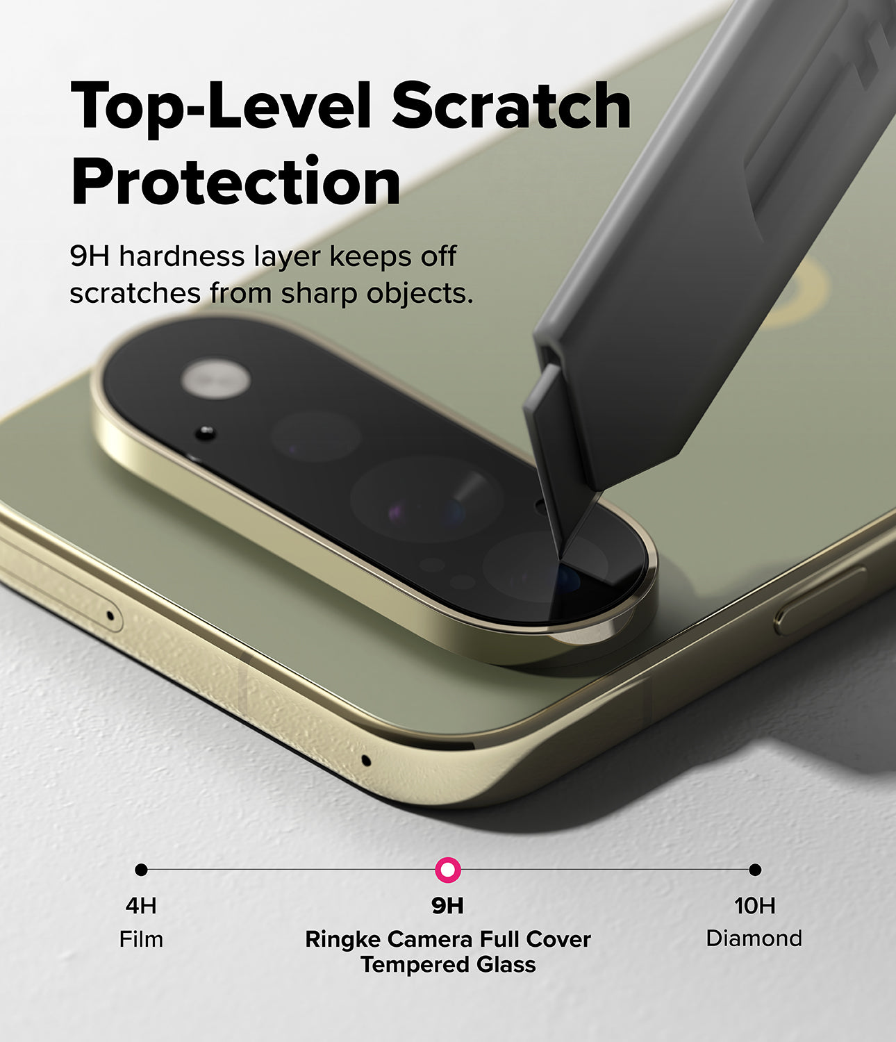 Google Pixel 11 Pro Camera Protector | Camera Full Cover Tempered Glass (2 Pack) - A close-up promotional graphic showing a smartphone with a raised camera lens protector being lifted away by a scraper tool to demonstrate scratch resistance. Large text reads 'Top-Level Scratch Protection' with supporting copy about a 9H hardness layer, and a small bottom strip shows hardness levels from 4H film to 10H diamond.