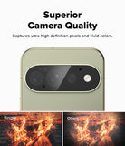 Google Pixel 11 Pro Camera Protector | Camera Full Cover Tempered Glass (2 Pack) - A smartphone camera module close-up on a light gray background with the text 'Superior Camera Quality' and smaller text about capturing high-definition pixels and vivid colors. Two small comparison thumbnails at the bottom show fire imagery labeled 'Ringke' and 'Others'.