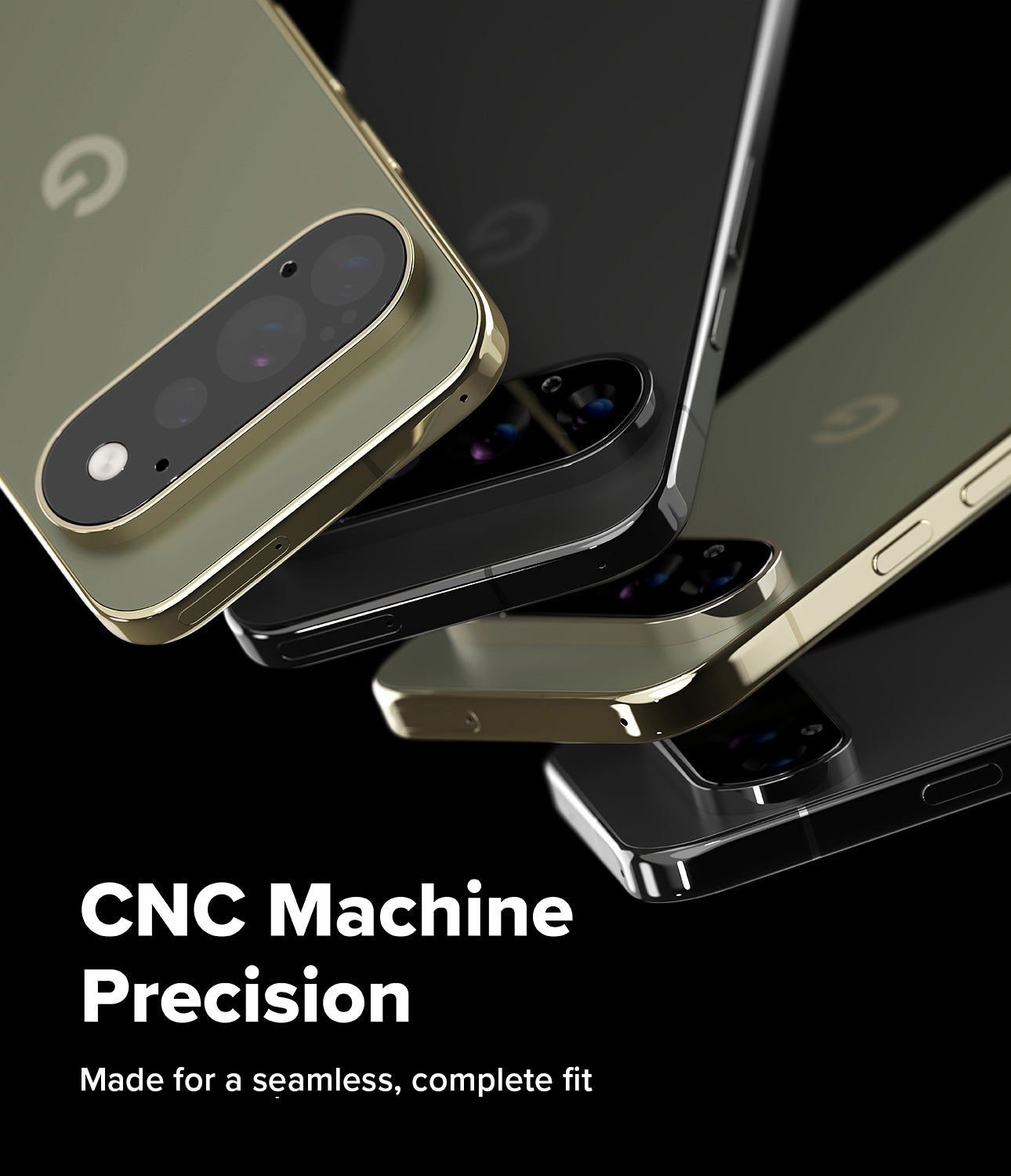 Google Pixel 11 Pro Camera Protector | Camera Full Cover Tempered Glass (2 Pack) - Three smartphones shown at an angle on a black background, with large camera cutouts and a brushed metallic finish. White text at the bottom reads 'CNC Machine Precision' and 'Guaranteed perfect fit without errors.