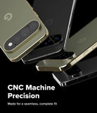 Google Pixel 11 Pro Camera Protector | Camera Full Cover Tempered Glass (2 Pack) - Three smartphones shown at an angle on a black background, with large camera cutouts and a brushed metallic finish. White text at the bottom reads 'CNC Machine Precision' and 'Guaranteed perfect fit without errors.