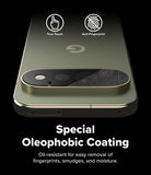 Google Pixel 11 Pro Camera Protector | Camera Full Cover Tempered Glass (2 Pack) - An olive green smartphone shown from the back on a black background, with a glossy black camera-ring area and marketing text reading 'Special Oleophobic Coating' and 'Oil-resistant for easy removal of fingerprints, smudges, and moisture.' Two icons at the top say 'True Touch' and 'Anti-Fingerprint.