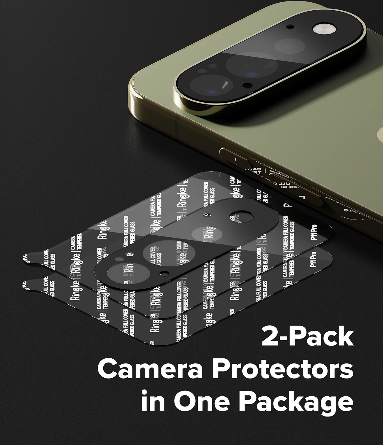 Google Pixel 11 Pro Camera Protector | Camera Full Cover Tempered Glass (2 Pack) - Two-pack of clear camera protectors with black adhesive backing, shown next to a gold smartphone on a dark background with the text '2-Pack Camera Protectors in One Package'.