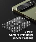Google Pixel 11 Pro Camera Protector | Camera Full Cover Tempered Glass (2 Pack) - Two-pack of clear camera protectors with black adhesive backing, shown next to a gold smartphone on a dark background with the text '2-Pack Camera Protectors in One Package'.
