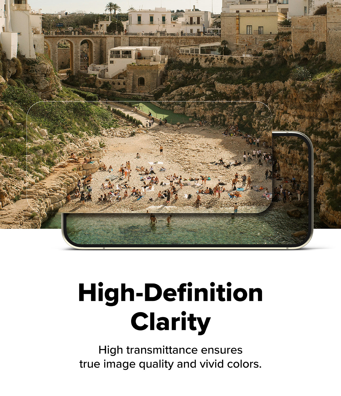 Google Pixel 11 Pro Screen Protector | Easy Slide Privacy Tempered Glass (2 Pack) - A smartphone frame is shown over a beach scene with people, with text below reading 'High-Definition Clarity' and 'High transmittance ensures true image quality and vivid colors.'.