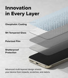 Google Pixel 11 Pro Screen Protector | Easy Slide Privacy Tempered Glass (2 Pack) - A smartphone layered diagram with text labels reading 'Oleophobic Coating,' '9H Tempered Glass,' 'Polarized Film,' and 'Shatterproof Protection,' under the headline 'Innovation in Every Layer.'.
