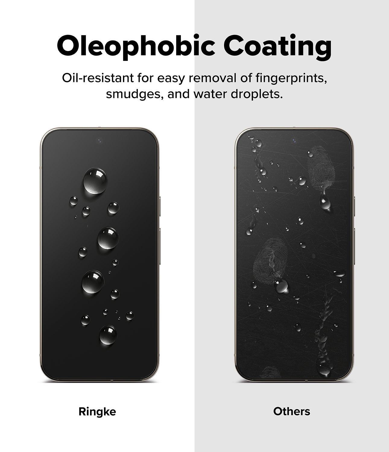 Google Pixel 11 Pro Screen Protector | Easy Slide Privacy Tempered Glass (2 Pack) - Comparison graphic showing two black smartphone screens with water droplets and fingerprint marks. The left phone is labeled 'Ringke' and appears dry and coated, while the right phone is labeled 'Others' and visibly wet with fingerprints and smudges.