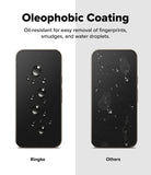 Google Pixel 11 Pro Screen Protector | Easy Slide Privacy Tempered Glass (2 Pack) - Comparison graphic showing two black smartphone screens with water droplets and fingerprint marks. The left phone is labeled 'Ringke' and appears dry and coated, while the right phone is labeled 'Others' and visibly wet with fingerprints and smudges.