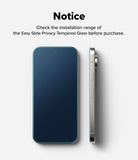Google Pixel 11 Pro Screen Protector | Easy Slide Privacy Tempered Glass (2 Pack) - A phone screen privacy film shown on a smartphone, with a front view and side profile on a light gray background. Text at the top reads: 'Notice Check the installation range of the Easy Slide Privacy Tempered Glass before purchase.