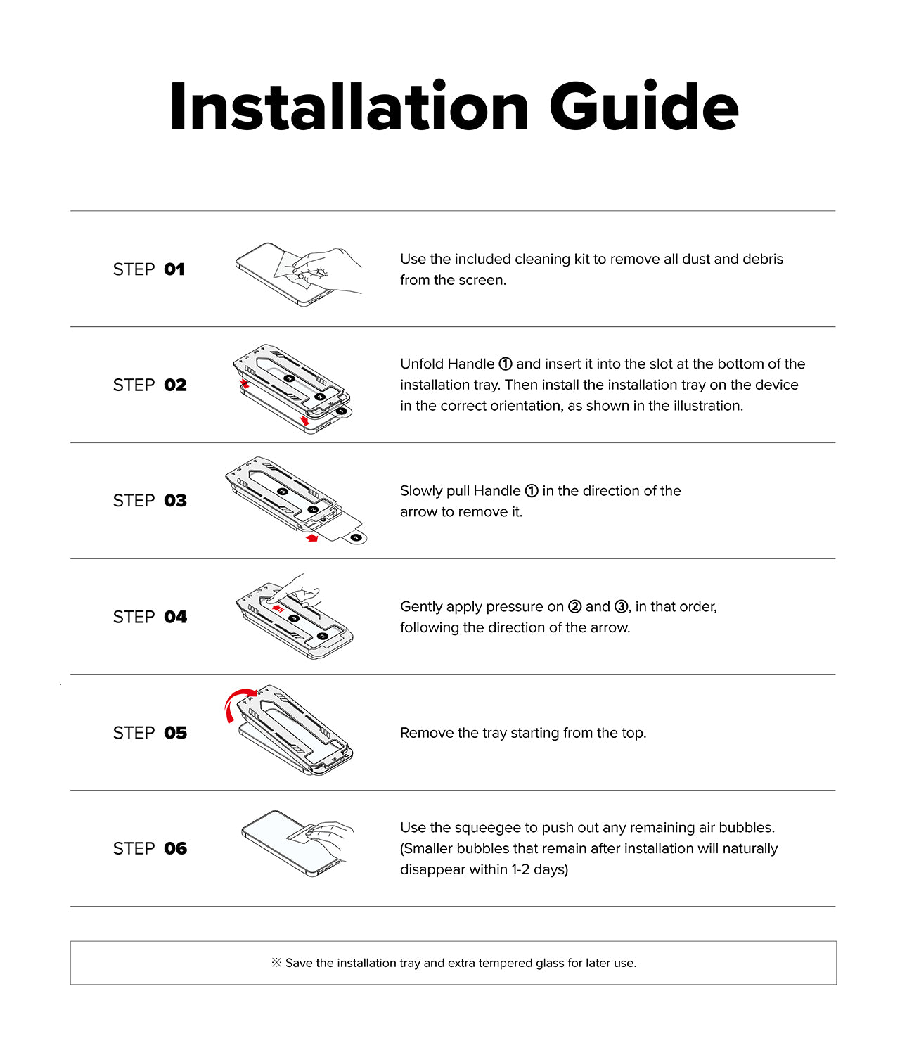Google Pixel 11 Pro Screen Protector | Easy Slide Privacy Tempered Glass (2 Pack) - An installation guide sheet with six numbered steps showing how to unfold a handle, insert an installation tray into a device slot, apply pressure, remove the tray, and use a squeegee to push out air bubbles. The sheet has a white background with black text and small colored line drawings.