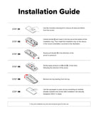 Google Pixel 11 Pro Screen Protector | Easy Slide Privacy Tempered Glass (2 Pack) - An installation guide sheet with six numbered steps showing how to unfold a handle, insert an installation tray into a device slot, apply pressure, remove the tray, and use a squeegee to push out air bubbles. The sheet has a white background with black text and small colored line drawings.