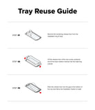 Google Pixel 11 Pro Screen Protector | Easy Slide Privacy Tempered Glass (2 Pack) - A Tray Reuse Guide diagram showing three steps: Step 01 removes the remaining release liner from an installation tray, Step 02 lifts the release liner of a new screen protector and fits it into the tray's notches, and Step 03 slides the liner into the tray gap for installation.